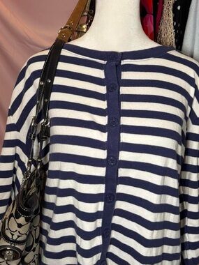 White Stag Navy and White Striped Button-Back Top